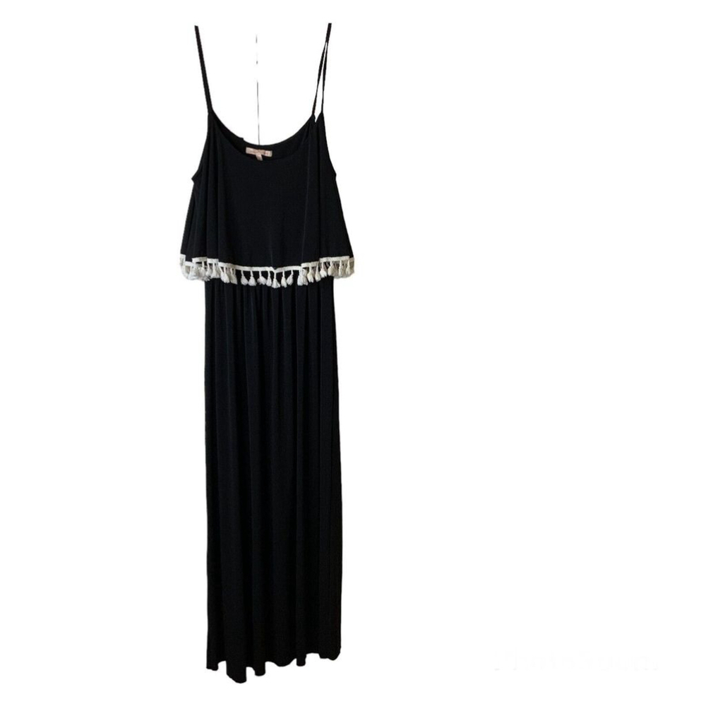Gibson & Latimer Maxi Dress Size L Black Boho‎ Crochet Tassel Overlay Elastic